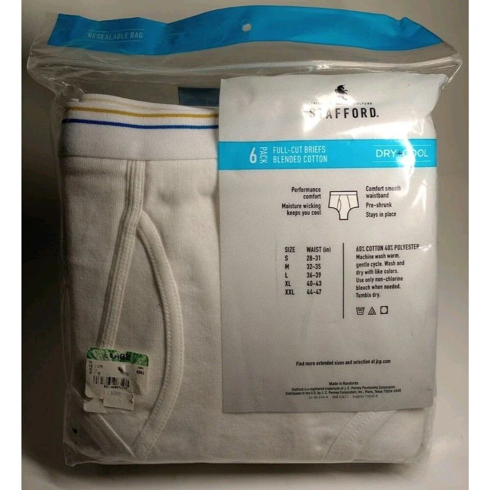 Stafford Men’s Full Cut Briefs Dry + Cool Blended Cotton Size L  Pack Of 6 NWT